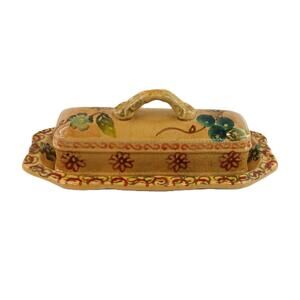 Vintage Golden Harvest Covered Butter Dish Floral Yellow Stoneware w/ Handle 9"